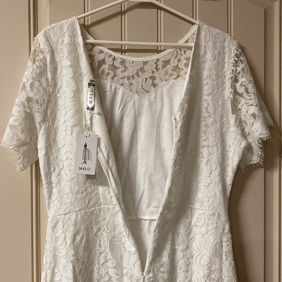 MSLG Size XL White Dress Floral Lace Overlay Lined Flutter Sleeve Scoop Neck NEW - Picture 8 of 8